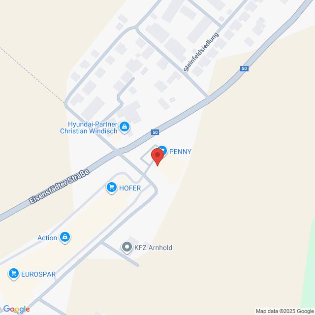 Lehrlingsportal.at Die Karte zeigt den Standort des PENNY-Supermarktes in der Eisenstädter Straße, in der Nähe von HOFER, EUROSPAR und mehreren anderen Geschäften in einem städtischen Gebiet.