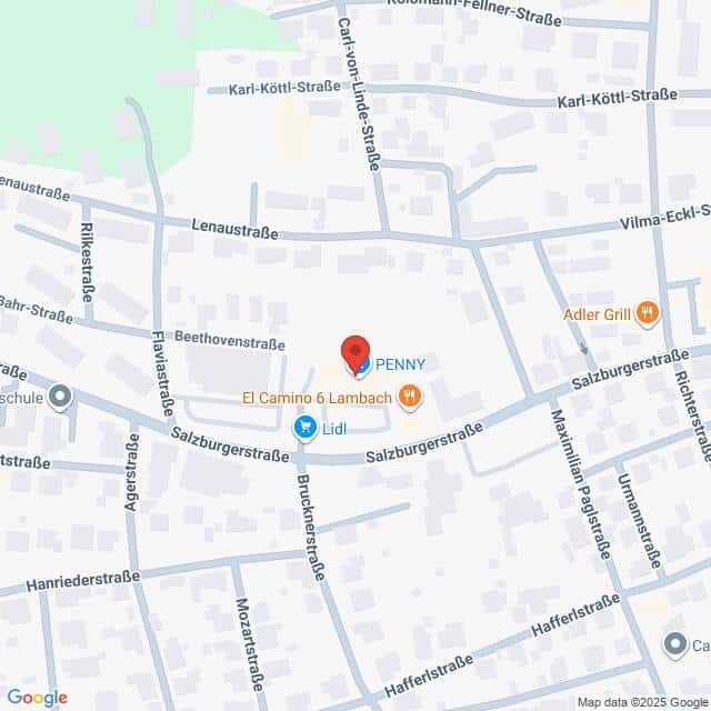 Lehrlingsportal.at Eine digitale Karte der Salzburgerstraße in Lambach, mit Markierungen für PENNY, Lidl und El Camino 6 Lambach. Nahegelegene Straßen und Orte sind beschriftet.