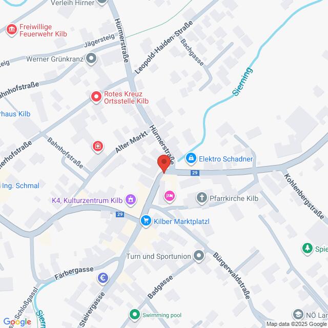 Lehrlingsportal.at Karte des Zentrums von Kilb, Österreich, mit Hervorhebung von Sehenswürdigkeiten wie Elektro Schadner, Kulturzentrum Kilb und Kilber Marktplatzl, mit Markierung der umliegenden Straßen und Einrichtungen.