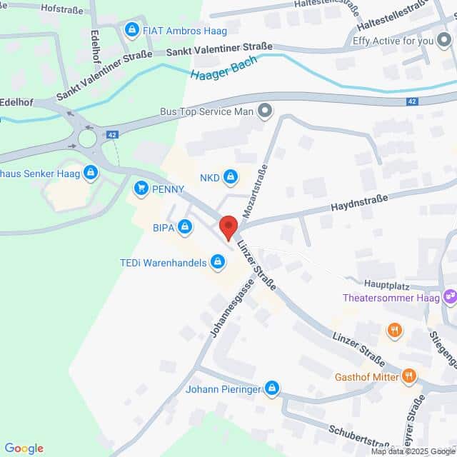 Lehrlingsportal.at Karte eines Teils von Haag, Österreich, mit Straßen, Geschäften und Sehenswürdigkeiten, darunter PENNY, BIPA und Gasthof Mitter.