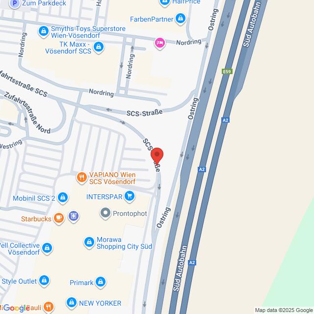 Lehrlingsportal.at Die Karte zeigt die Lage der SCS-Straße in Vösendorf, Österreich, in der Nähe von Einkaufszentren und der Südautobahn (A2).