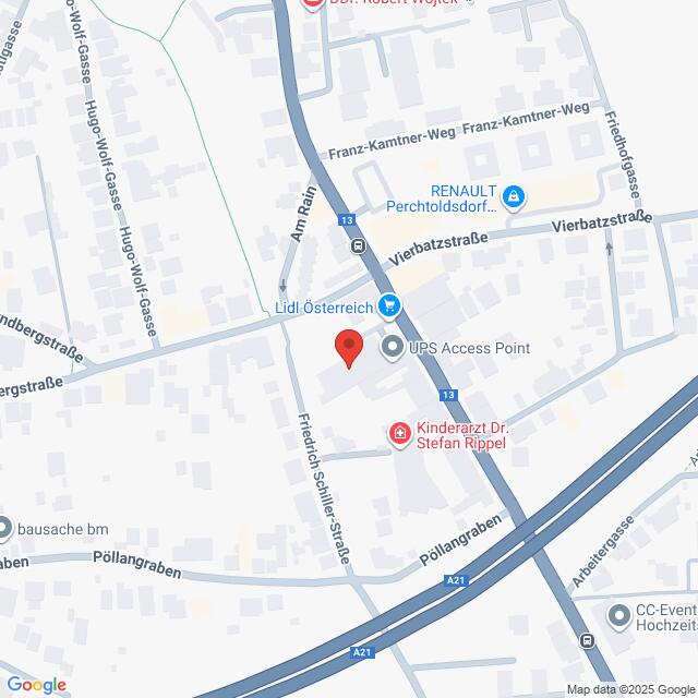 Lehrlingsportal.at Eine Karte, die einen Ausschnitt von Perchtoldsdorf, Österreich, zeigt und Orte wie Lidl Österreich, UPS Access Point und nahegelegene Straßen wie Am Rain und Vierbachstraße hervorhebt.