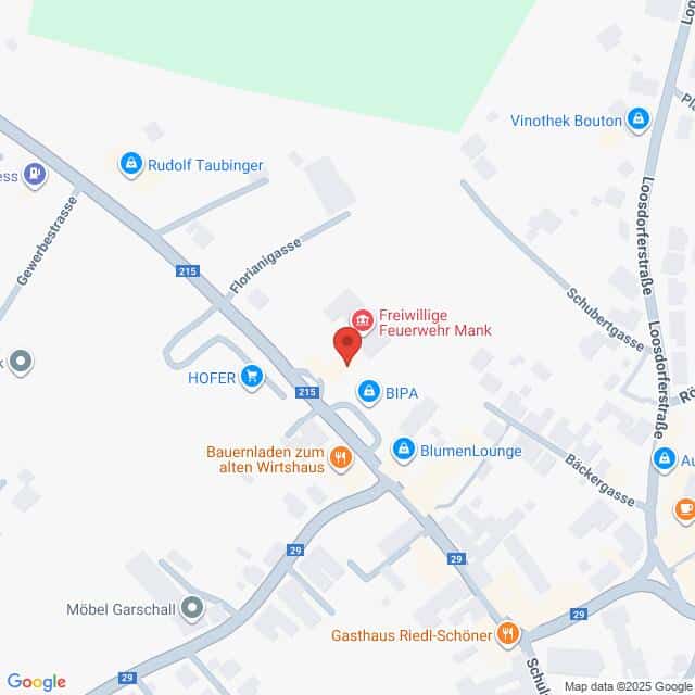 Lehrlingsportal.at Eine Karte mit der Lage der Freiwilligen Feuerwehr Mank und nahegelegenen Unternehmen in Mank, Österreich, einschließlich HOFER, BIPA und Gasthaus Riedl-Schöner.