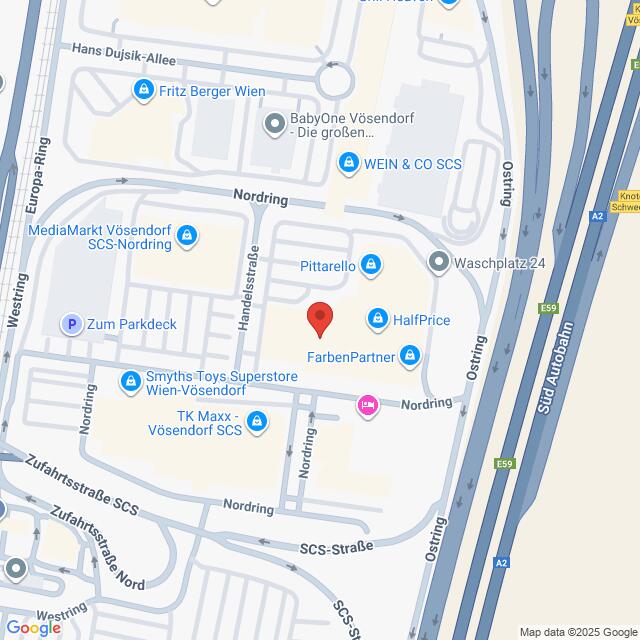 Lehrlingsportal.at Eine digitale Karte mit Straßen und Betrieben im SCS-Gebiet Vösendorf nahe der Südautobahn, mit roter Standortmarkierung bei FarbenPartner.