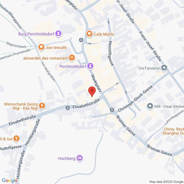 Lehrlingsportal.at Eine Karte, die einen Ausschnitt von Perchtoldsdorf, Österreich, zeigt, mit beschrifteten Straßen, Wahrzeichen und Geschäftsnamen. Eine rote Stecknadel markiert eine Stelle in der Elisabethstraße.