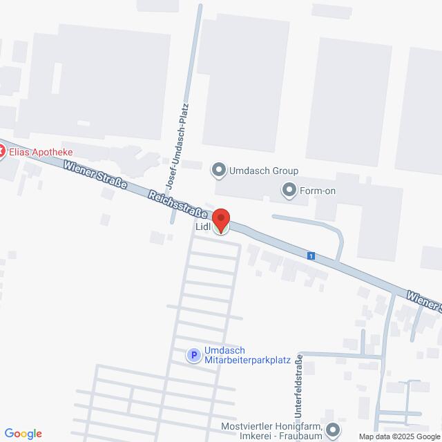 Lehrlingsportal.at Die Karte zeigt die Lage von Lidl in der Wiener Straße in Amstetten, Österreich, in der Nähe der Umdasch Group und anderer lokaler Geschäfte.