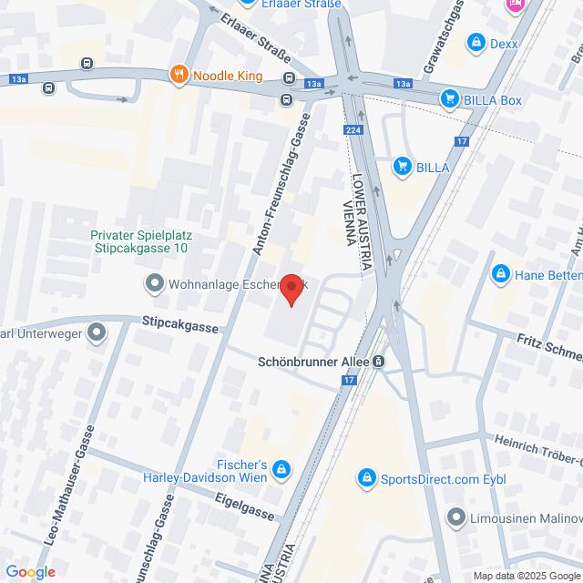 Lehrlingsportal.at Karte der Gegend um die Schönbrunner Allee und die Anton Freunschlag-Gasse in Wien, auf der einige Geschäfte und Straßen eingezeichnet sind.