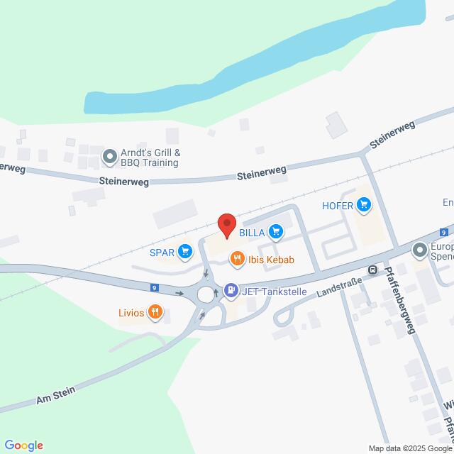 Lehrlingsportal.at Karte, die einen Kreisverkehr mit nahe gelegenen Geschäften, darunter SPAR, BILLA, Ibis Kebab und JET-Tankstelle, sowie die umliegenden Straßen und einen Fluss im oberen Bereich zeigt.