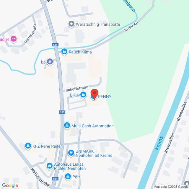 Lehrlingsportal.at Die Karte zeigt den Standort eines PENNY-Supermarktes in der Inhoffstraße in der Nähe des Flusses Krems, mit Beschriftung der umliegenden Geschäfte und Straßen.