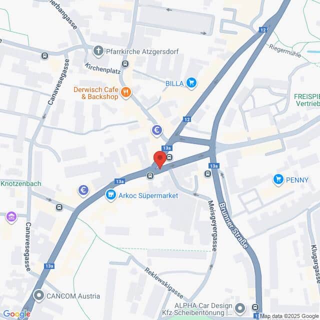 Lehrlingsportal.at Eine digitale Karte mit Straßen und Geschäften in Atzgersdorf, Wien, mit einer roten Standortmarkierung in der Nähe des Arkoc Supermarkts und nahegelegenen Symbolen für ein Café, einen Supermarkt und andere Geschäfte.