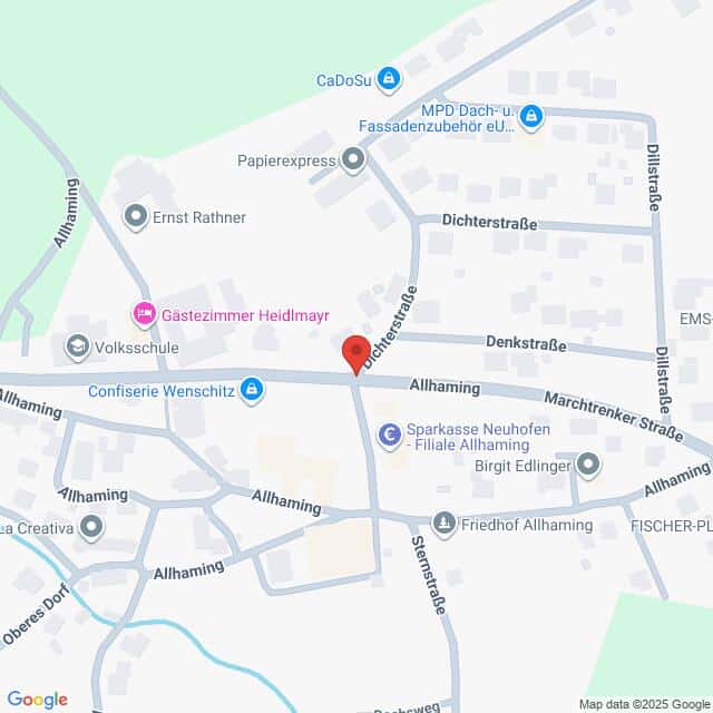 Lehrlingsportal.at Eine Karte mit Straßen und Geschäften in Allhaming, darunter die Dichterstraße, die Denkstraße und nahe gelegene Orte wie eine Schule, eine Bank und mehrere Geschäfte.