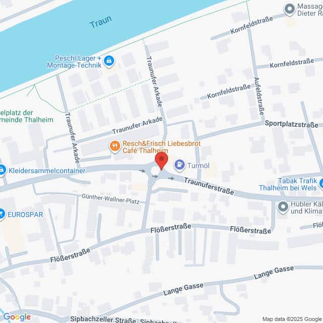 Lehrlingsportal.at Eine digitale Karte zeigt einen zentralen Standort an der Traunuferstraße und der Flößerstraße in Thalheim, Österreich, mit Beschriftung der umliegenden Geschäfte und Straßen.