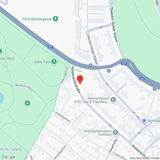 Lehrlingsportal.at Eine Karte zeigt einen Abschnitt der Holzknechtstraße in der Nähe von Grünanlagen und verschiedenen beschrifteten Standorten, darunter ein Skatepark und Vienna Airport Taxi & Transfers.