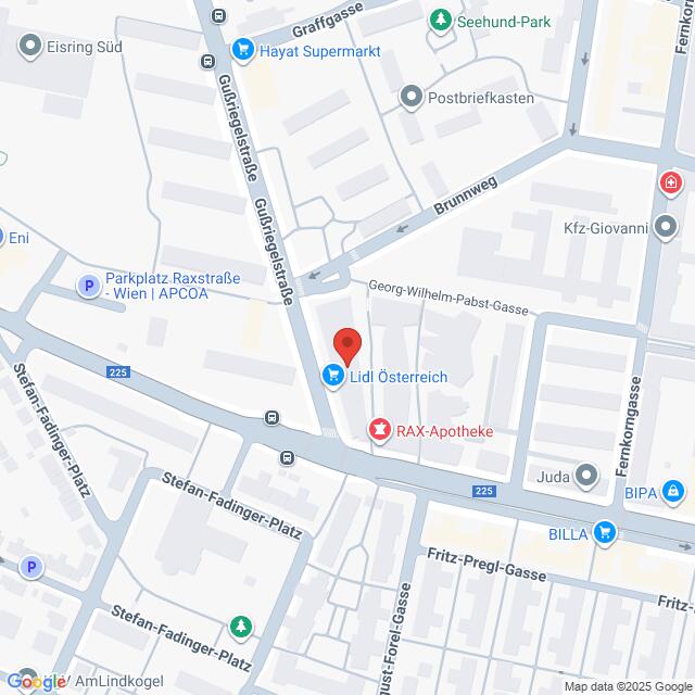 Lehrlingsportal.at Eine Karte zeigt die Lage von Lidl Österreich und RAX-Apotheke an der Kreuzung Brunnweg und Gürtelgasse in Wien, Österreich. Die umliegenden Straßen und Geschäfte sind ebenfalls eingezeichnet.