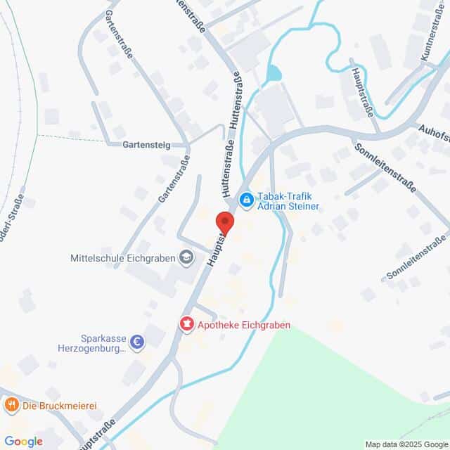 Lehrlingsportal.at Eine Karte, die einen Abschnitt von Eichgraben mit beschrifteten Straßen und nahe gelegenen Geschäften zeigt, darunter eine Apotheke, eine Bank und ein Tabakgeschäft, die mit einem roten Marker gekennzeichnet sind.