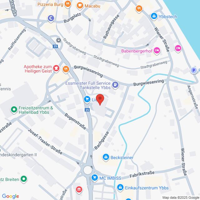 Lehrlingsportal.at Karte des Zentrums von Ybbs an der Donau, Österreich, mit Straßen, Sehenswürdigkeiten, Unternehmen und einer Markierung der Essmeister Full Service Tankstelle Ybbs.