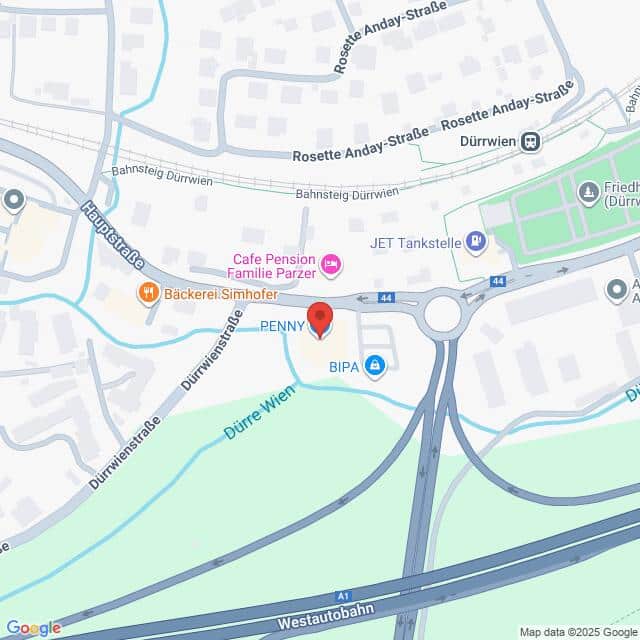 Lehrlingsportal.at Eine Karte, die die Kreuzung von Hauptstraße und Dürrwienstraße in Dürrwien zeigt, mit nahegelegenen Geschäften wie PENNY, BIPA, Cafe Pension Familie Parzer und einer Bäckerei.