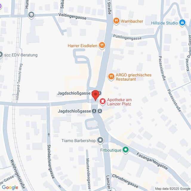 Lehrlingsportal.at Karte der Gegend um die Jagdschloßgasse in Wien, Österreich, mit Markierungen für Geschäfte, Restaurants und die Apotheke am Lainzer Platz.