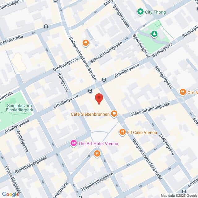 Lehrlingsportal.at Ein digitaler Stadtplan zeigt einen Ausschnitt von Wien mit der Arbeitergasse als Mittelpunkt und den umliegenden Straßen, Geschäften und Sehenswürdigkeiten an.