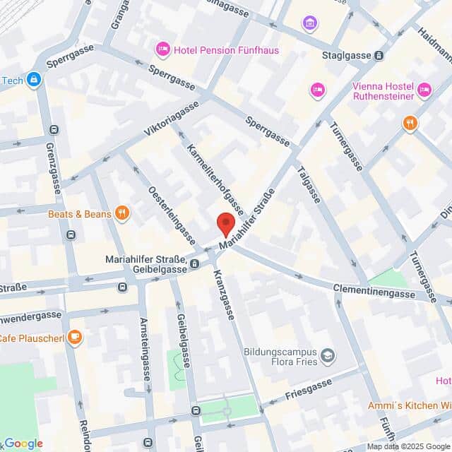 Lehrlingsportal.at Karte der Gegend um die Mariahilfer Straße in Wien, mit eingezeichneten Straßen, Sehenswürdigkeiten, Cafés und Hotels. Eine rote Stecknadel markiert einen bestimmten Ort auf der Karte.