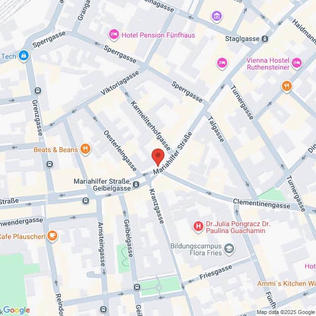 Lehrlingsportal.at Die Karte zeigt einen Ausschnitt von Wien mit eingezeichneten Straßen, Geschäften und Sehenswürdigkeiten; eine rote Stecknadel markiert eine Stelle auf der Mariahilfer Straße nahe der Kirchengasse.