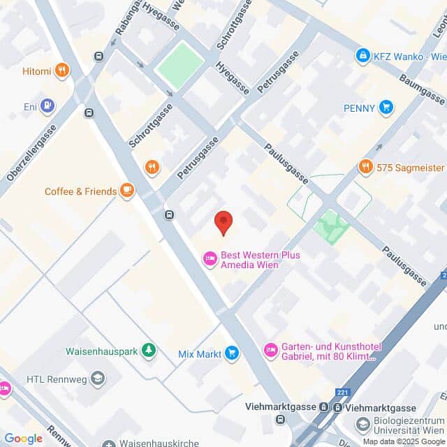 Lehrlingsportal.at Karte mit der Lage des Best Western Plus Amedia Wien in Wien, Österreich, mit Beschriftung der nahegelegenen Straßen, Geschäfte und Wahrzeichen.