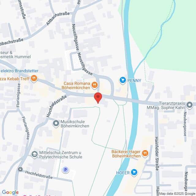 Lehrlingsportal.at Eine Karte, die einen Ausschnitt von Böheimkirchen, Österreich, zeigt, mit beschrifteten Straßen, Geschäften und Sehenswürdigkeiten und einer roten Standortnadel, die einen zentralen Punkt markiert.