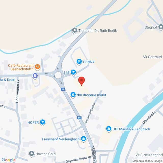 Lehrlingsportal.at Eine digitale Karte zeigt einen Ausschnitt von Neulengbach, Österreich, und hebt Standorte wie Lidl, PENNY, dm drogerie markt und OBI Markt Neulengbach hervor.