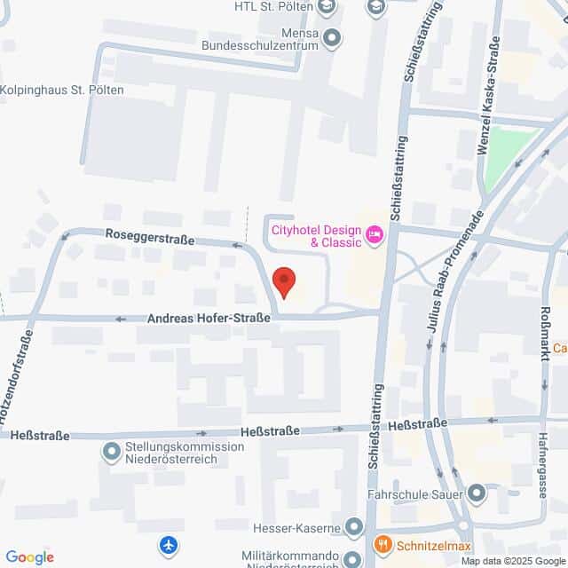 Lehrlingsportal.at Eine Karte mit dem Mittelpunkt Andreas Hofer-Straße in St. Pölten, Österreich, mit nahegelegenen Straßen, Geschäften und Wahrzeichen.