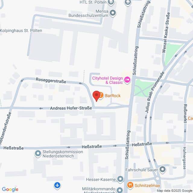 Lehrlingsportal.at Karte mit der Lage des BarRock in der Andreas Hofer-Straße in St. Pölten, Österreich, mit Beschriftung der umliegenden Straßen und Sehenswürdigkeiten.