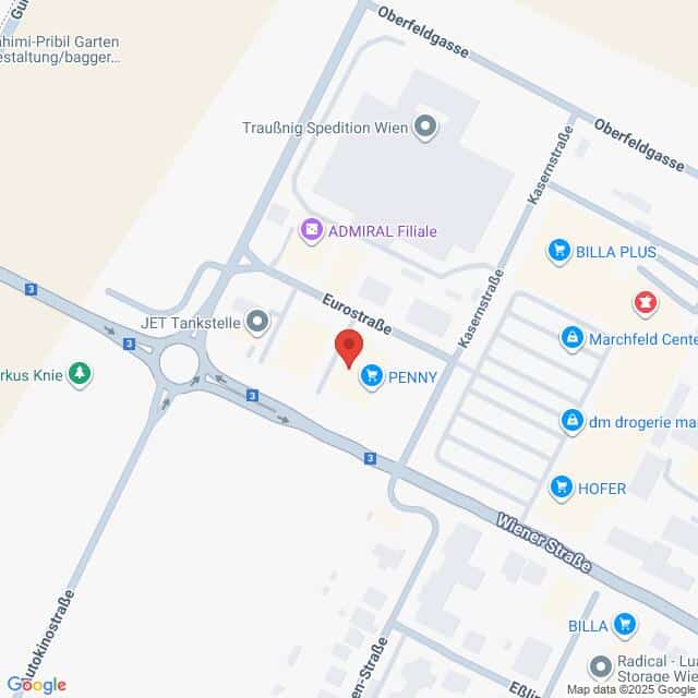 Lehrlingsportal.at Eine digitale Karte, die die Kreuzung Eurostraße/Wiener Straße mit nahe gelegenen Geschäften wie PENNY, HOFER, BILLA und einer JET-Tankstelle zeigt.