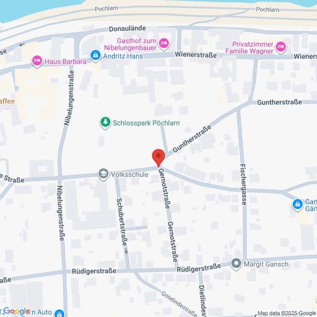 Lehrlingsportal.at Die Karte zeigt einen Ausschnitt von Pöchlarn, Österreich, zentriert auf die Genossenschaftsstraße in der Nähe der Volksschule und des Schlossparks Pöchlarn, mit Beschriftung der umliegenden Straßen und Sehenswürdigkeiten.