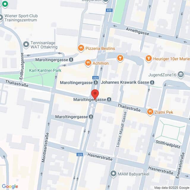 Lehrlingsportal.at Eine Karte der Kreuzung Maroltingergasse und Thaliastraße in Wien, Österreich, mit Beschriftung der umliegenden Geschäfte und Sehenswürdigkeiten.