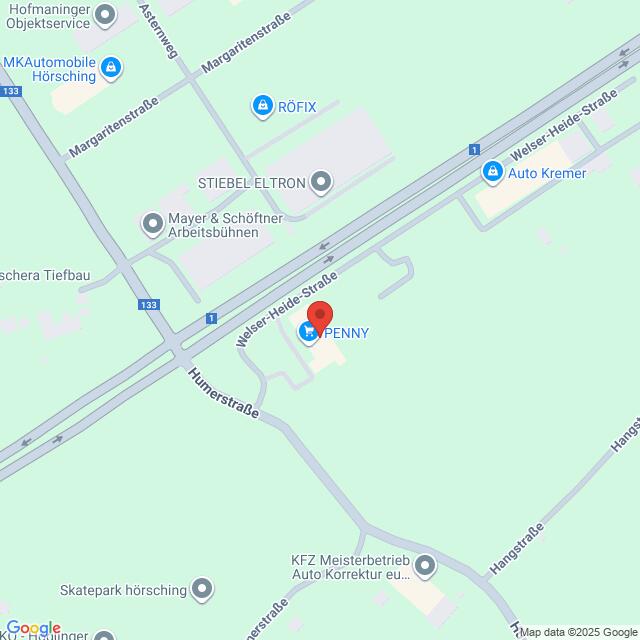 Lehrlingsportal.at Die Karte zeigt den Standort von PENNY in der Welser Heide Straße, nahe der Kreuzung mit der Margaretenstraße und der Humerstraße, mit Kennzeichnung der umliegenden Geschäfte und Dienstleistungen.