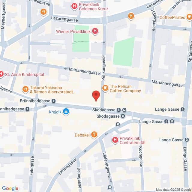 Lehrlingsportal.at Eine Karte, die die Kreuzung der Skodagasse und der Pelikangasse in Wien zeigt, mit Beschriftung der umliegenden Geschäfte und Sehenswürdigkeiten.
