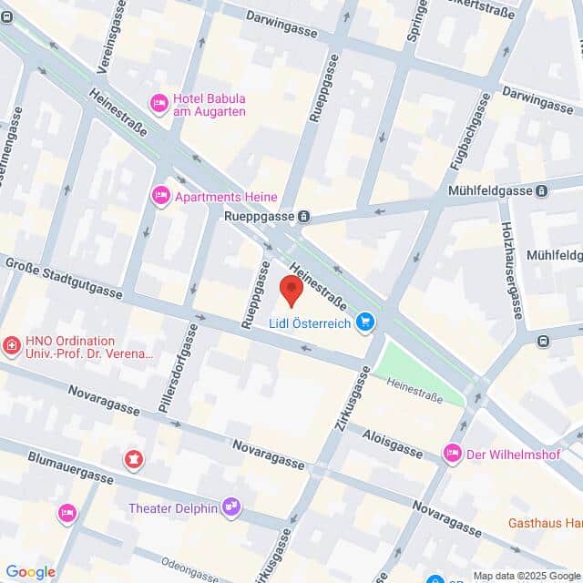 Lehrlingsportal.at Karte eines Abschnitts der Heinestraße in Wien, Österreich, mit nahe gelegenen Sehenswürdigkeiten wie Lidl Österreich, Hotel Babula am Augarten und Theater Delphin.