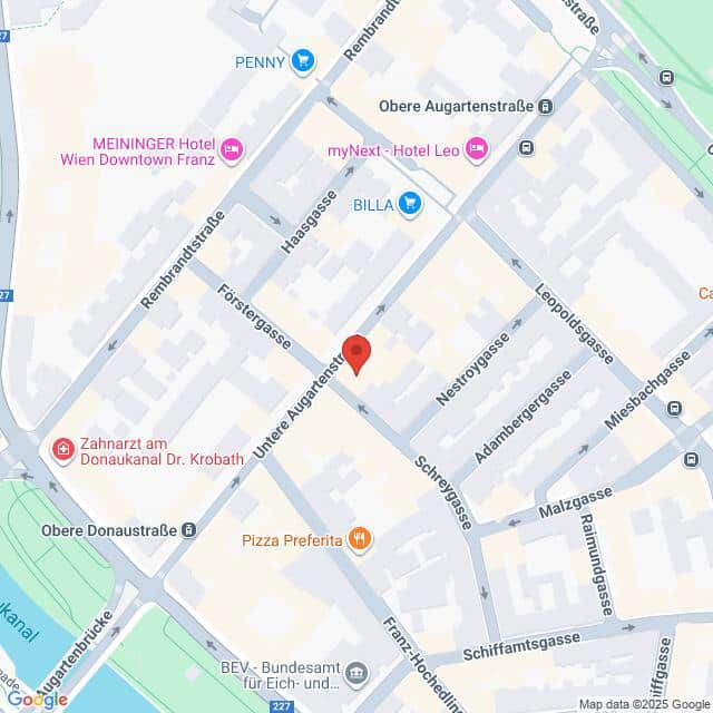 Lehrlingsportal.at Karte der Gegend um die Obere Augartenstraße in Wien, Österreich, mit Beschriftung der umliegenden Geschäfte und Straßen. Ein roter Marker hebt einen bestimmten Ort hervor.