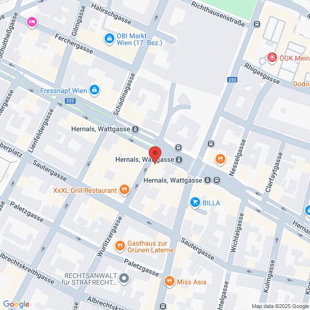 Lehrlingsportal.at Karte der Kreuzung Hernals, Wattgasse in Wien, Österreich, mit Markierung der umliegenden Straßen und Geschäfte.