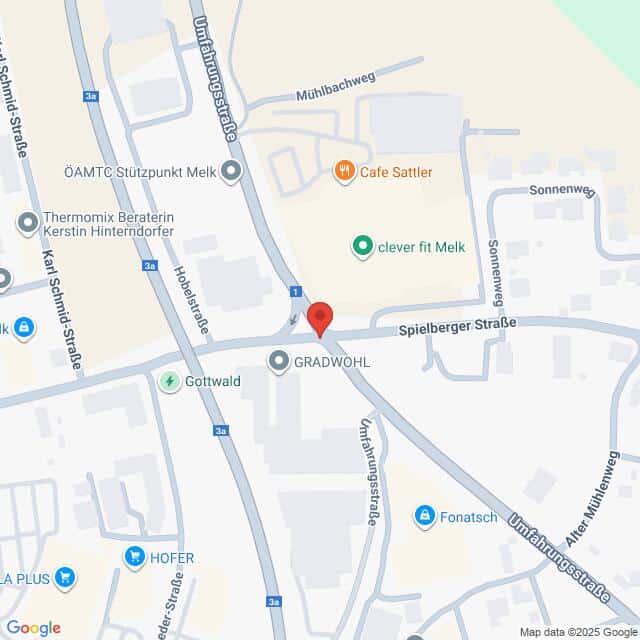 Lehrlingsportal.at Eine Karte, die die Kreuzung der Spielberger Straße und der Umfahrungsstraße in Melk, Österreich, zeigt, mit Markierung der nahegelegenen Geschäfte und Wahrzeichen.