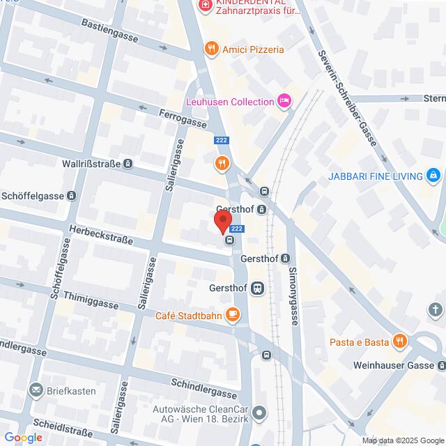 Lehrlingsportal.at Karte des Bezirks Gersthof in Wien, Österreich, mit lokalen Straßen, Sehenswürdigkeiten, Haltestellen des öffentlichen Nahverkehrs und nahe gelegenen Geschäften und Restaurants.