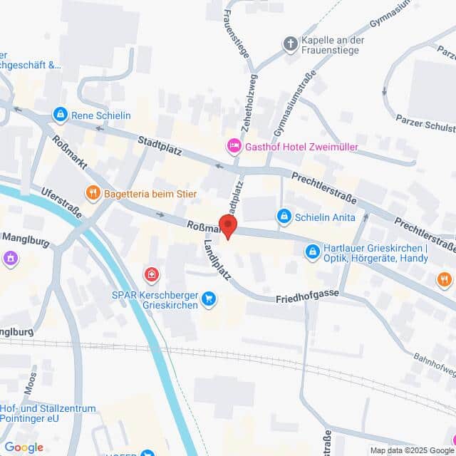 Lehrlingsportal.at Eine digitale Karte mit Straßen und Geschäften in Grieskirchen, Österreich, mit einem roten Standortmarker im Zentrum in der Nähe von Stadtplatz und Roßmarkt.