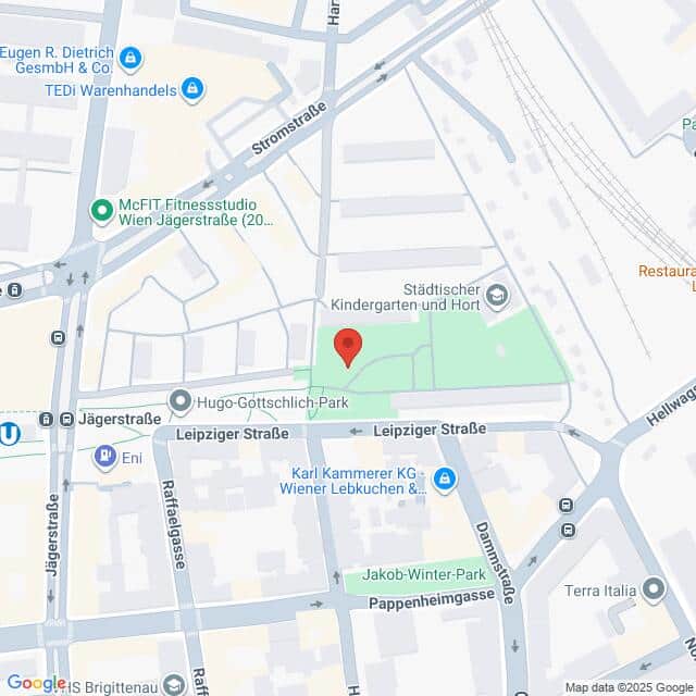Lehrlingsportal.at Karte der Kreuzung Jägerstraße/Leipziger Straße in der Nähe des Hugo-Gottschlich-Parks in Wien, mit Beschriftung der umliegenden Geschäfte und Parks.