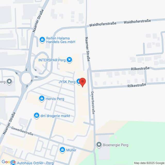 Lehrlingsportal.at Eine Karte der Umgebung des JYSK Perg an der Kreuzung Gewerbestraße und Naarner Straße in Perg, Österreich, mit Beschriftung der umliegenden Geschäfte und Straßen.