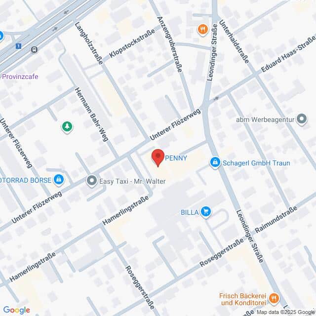 Lehrlingsportal.at Eine digitale Karte, in deren Mittelpunkt eine Markierung mit der Aufschrift "PENNY" steht, zeigt nahe gelegene Straßen, Geschäfte und interessante Orte in einem städtischen Gebiet.