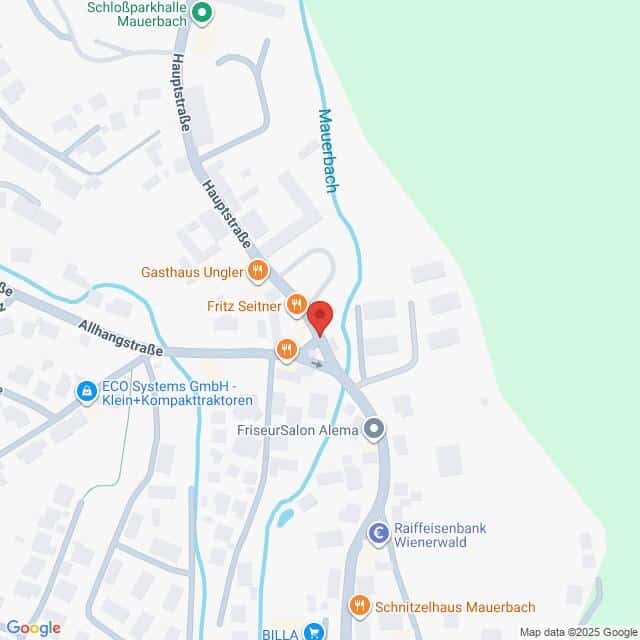 Lehrlingsportal.at Eine Karte, die einen Ausschnitt von Mauerbach, Österreich, zeigt, mit Markierungen für Restaurants, Geschäfte und Straßen, einschließlich Hauptstraße und Allhangstraße.