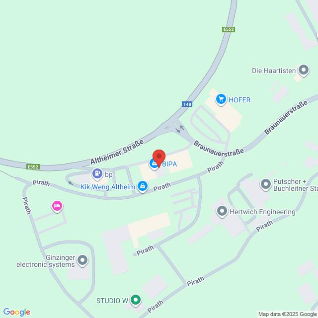 Lehrlingsportal.at Eine digitale Karte, die verschiedene Unternehmen und Straßen in der Nähe der Altheimer Straße und der Braumauerstraße in Österreich zeigt, mit einer roten Standortnadel, die BIPA markiert.