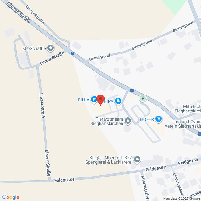 Lehrlingsportal.at Eine Karte, die die Lage mehrerer Unternehmen, darunter BILLA, BIPA, HOFER und eine Tierklinik, entlang der Linzer Straße und der umliegenden Straßen in Sieghartskirchen zeigt.