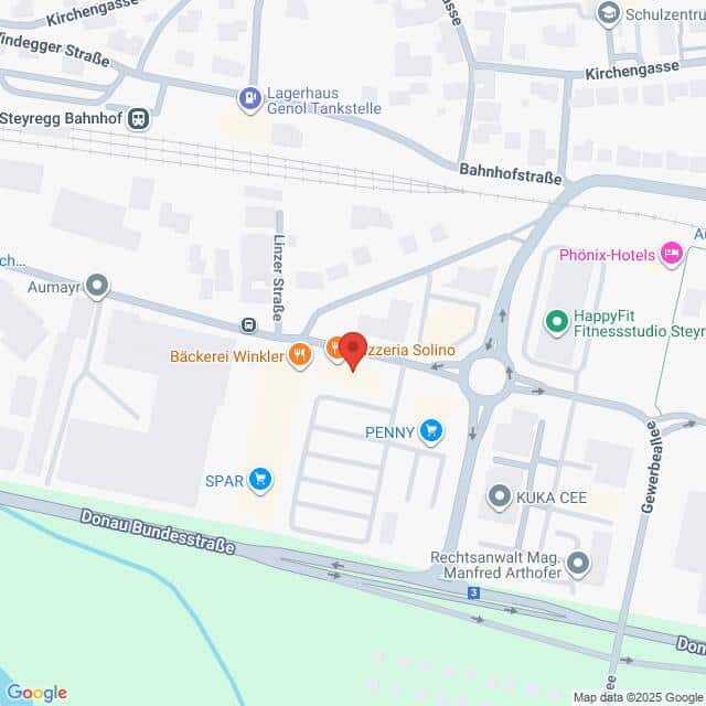 Lehrlingsportal.at Karte mit der Lage der Pizzeria Solino in der Nähe der Donau Bundesstraße, mit nahegelegenen Geschäften wie Bäckerei Winkler, PENNY, SPAR, und HappyFit Fitnessstudio Steyr.