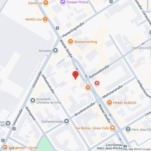 Lehrlingsportal.at Die Kartenansicht zeigt einen Ausschnitt von Linz, Österreich, mit Straßen wie der Wiener Straße und der Raimundstraße und nahe gelegenen Geschäften wie Shawarma King und PRIMO BURGER.