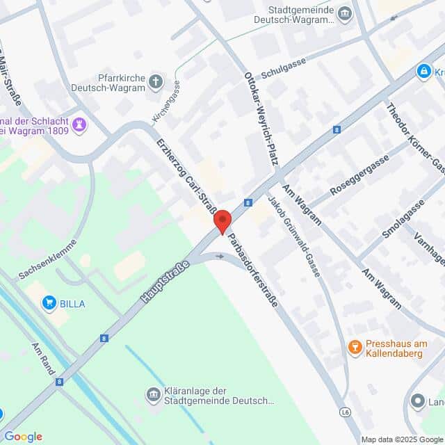 Lehrlingsportal.at Eine digitale Karte, die die Kreuzung der Hauptstraße, der Erzherzog Carl Straße und der Pfarrgasse in Deutsch-Wagram, Österreich, zeigt, mit Beschriftung der umliegenden Sehenswürdigkeiten und Straßen.